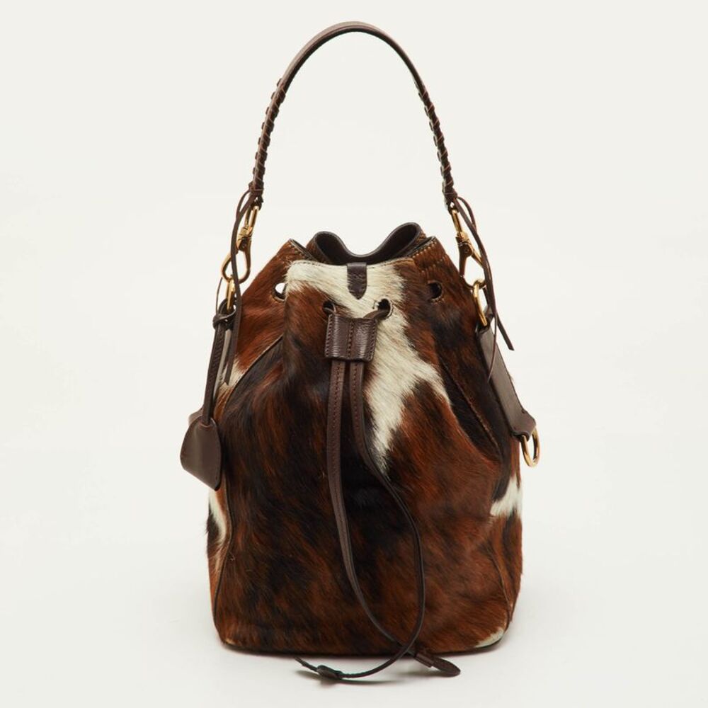 Ralph Lauren Ricky Brown Animal Print Calf Hair And Leather Drawstring Bucket - Picture 4 of 7
